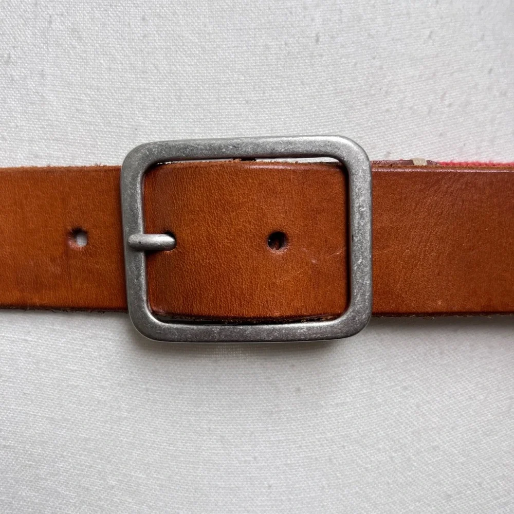 Vintage Red Canvas Brown‎ Leather Belt Silver Buckle Preppy Statement